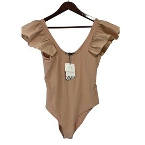 NWT ZARA Women Beige Ruffle Sleeve Scoop Neck Bodysuit Snap Closure Size Large